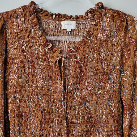 Melloday Women Smocked Peplum Top L boho Floral Cottage Country Fall - Picture 3 of 14